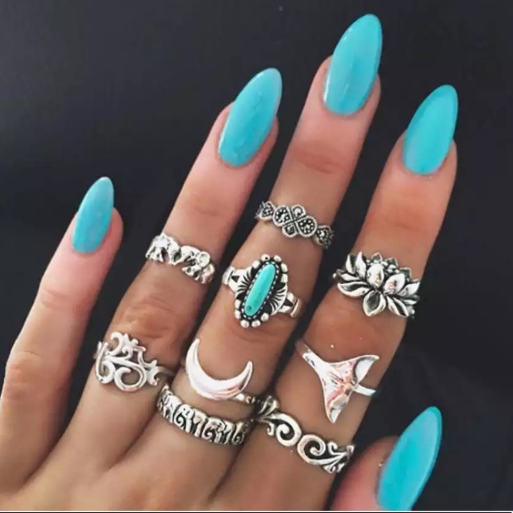 🌼 Silver Elephant Whale Tail Boho Ring Set